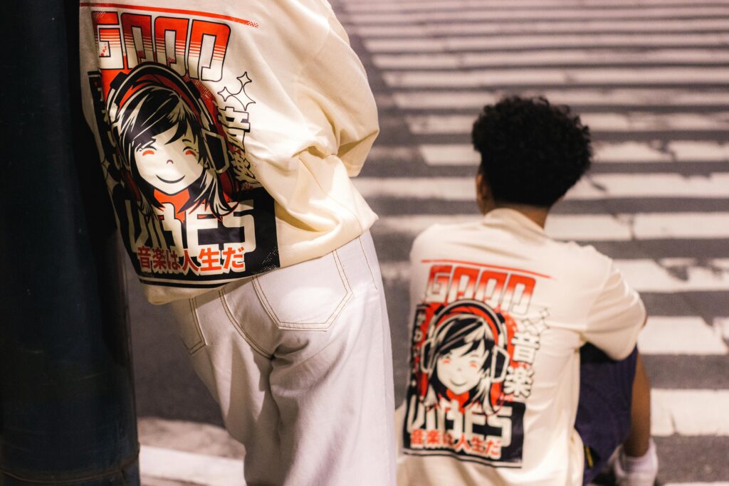 Fashionable streetwear featuring Japanese manga graphics, ideal for urban youth style.